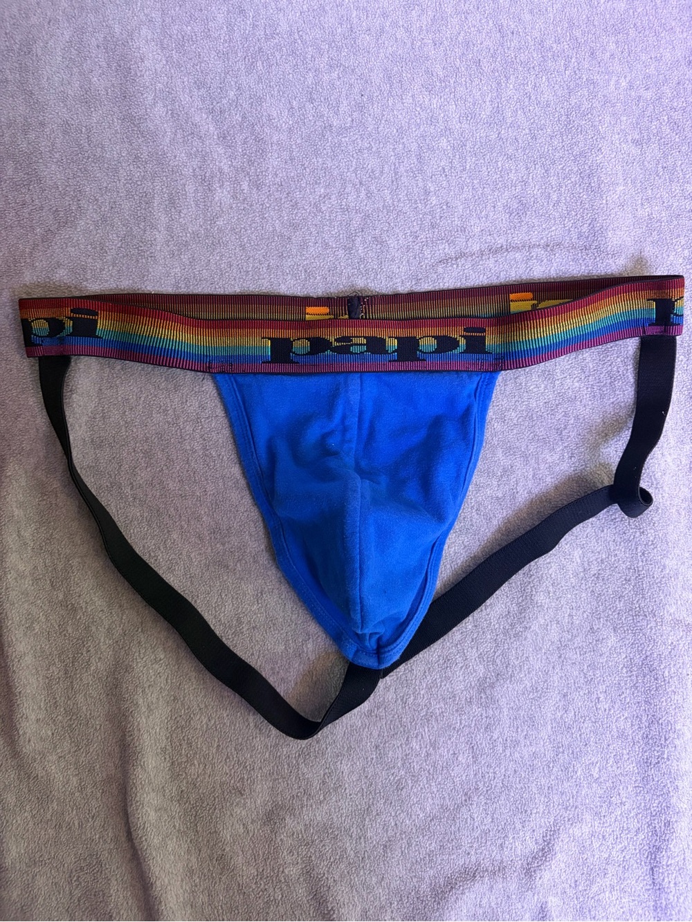 Men's Blue Jockstrap with Rainbow Elastic Waistband